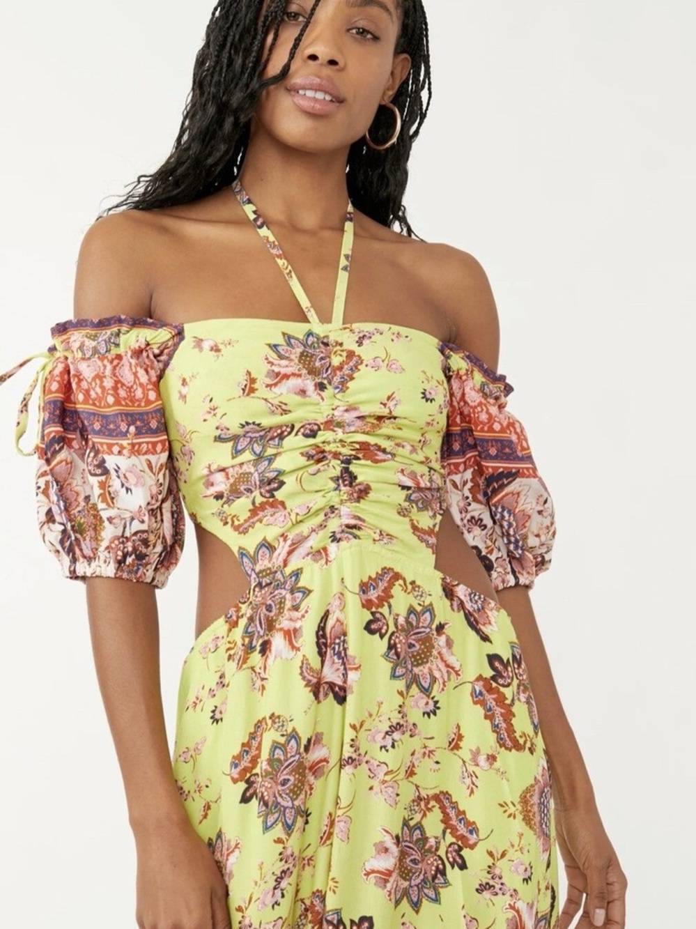 Free People Lime Green Floral Off-Shoulder Cutout Jumpsuit